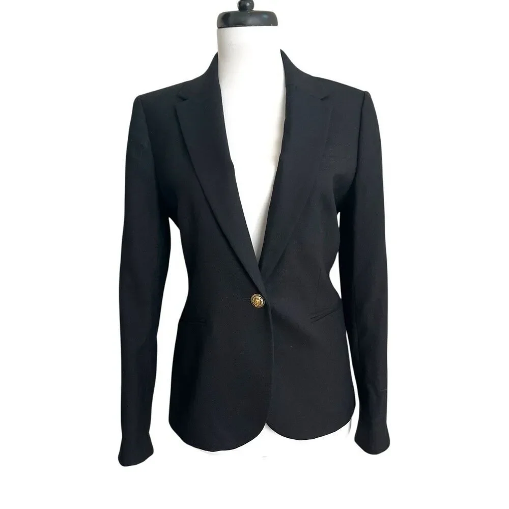 J Crew Wool Blazer Size 6 Black Gold Crest Buttons Striped Lining Preppy Office